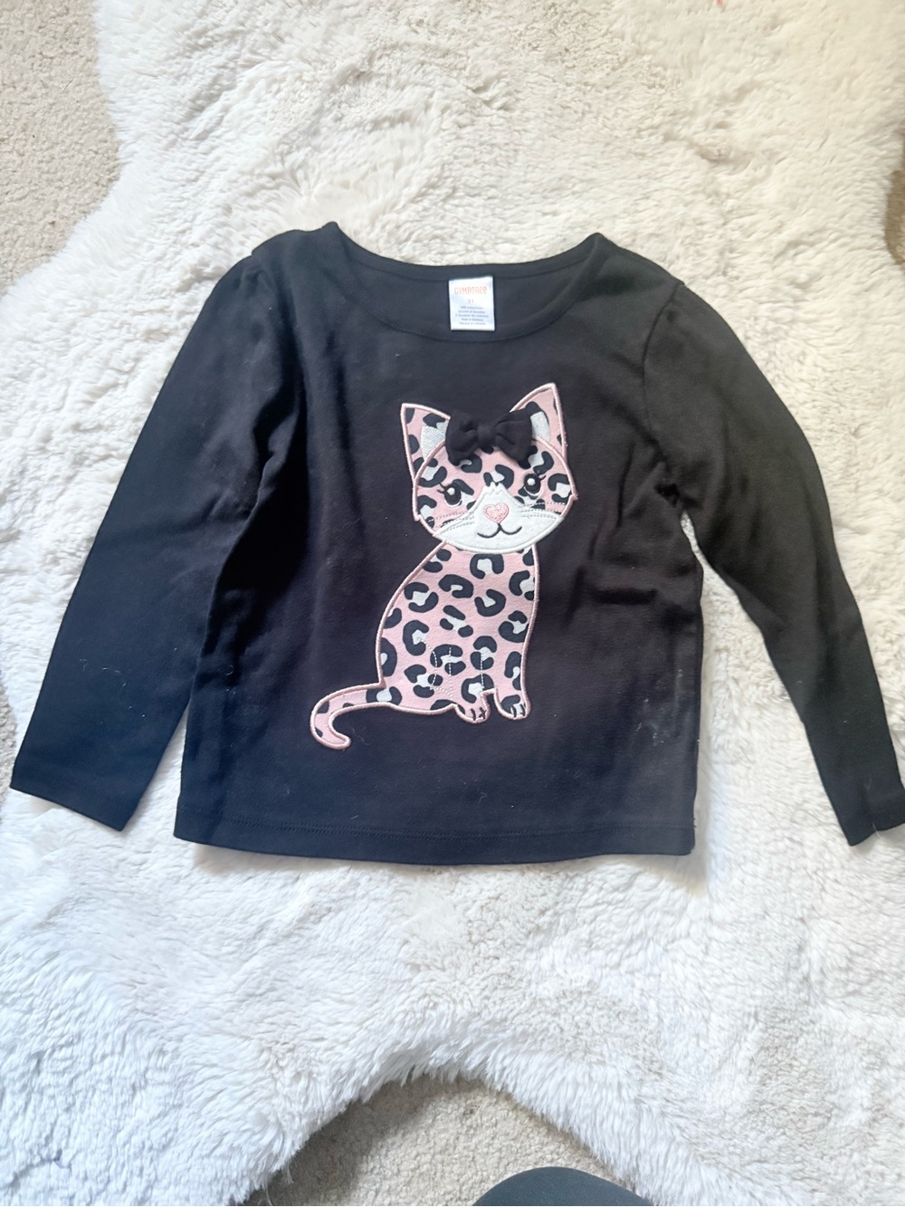 Gymboree Black Long-Sleeve Tee with Pink Leopard Cat Applique
